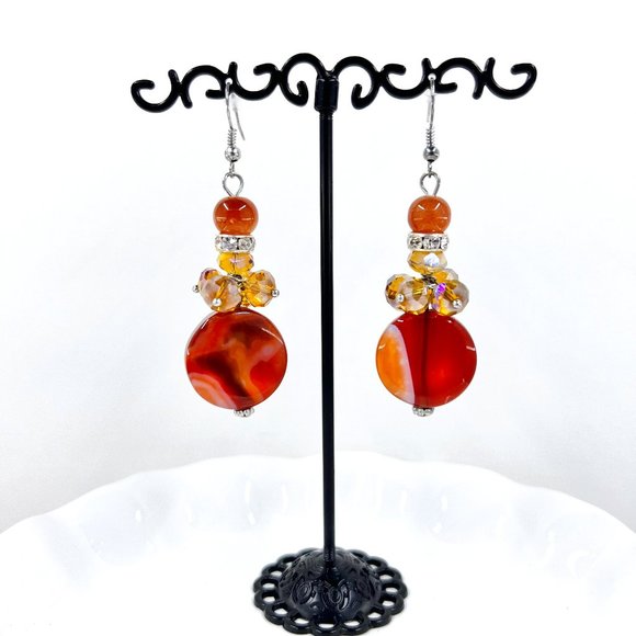 NWT - Charming Charlie - Agate Beaded Dangle Drop Silver Tone Fishhook Earrings - Picture 2 of 8